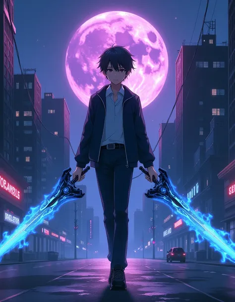 aMasterpiece, High Quality, High Resolution, High Definition, High Details, 8k, City, Night, Purple Moon, (((Anime Style))), (((Super Powers))), lonely, 1boy, solo, short hair, black hair, bright brown eyes, and fair skin. black male modern school uniform....