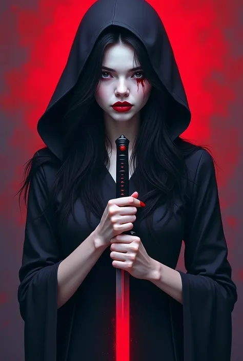  create different covers for a book in which a woman with a white complexion , with long black hair , But that it only comes out from her shoulders and head ,  and she is wearing a hood where you cant see her face and with a dagger with a red and purple ba...