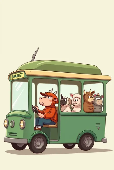 A bus that can be seen from the side with a human driver and passengers inside the bus in the back that are a cow, a dog and a sheep with no other characters other than those mentioned in the cartoon. Only the characters mentioned 