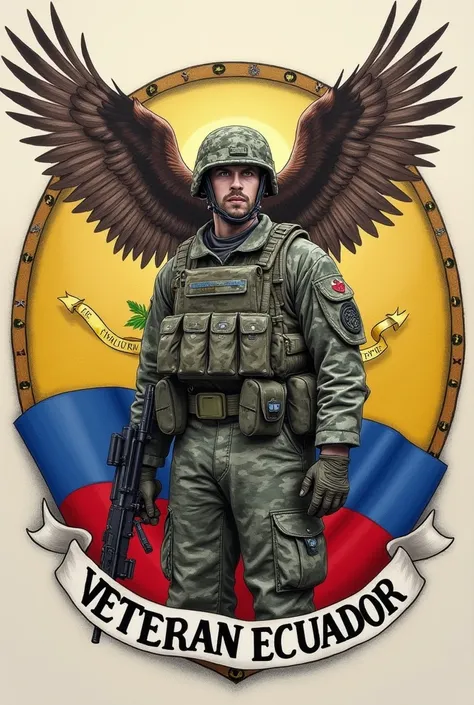 A drawing of a camouflaged soldier in uniform camouflage with an eagle with open wings and the flag of Ecuador All enclosed in a circle and the word veteran Ecuador 