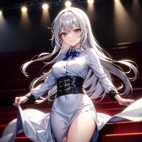 A high school-aged girl is climbing a set of backstage stairs in a theater, heading toward a brightly lit stage. She is mid-step, her expression showing focus and slight excitement. Her outfit flows lightly as she moves, suggesting urgency. The background ...