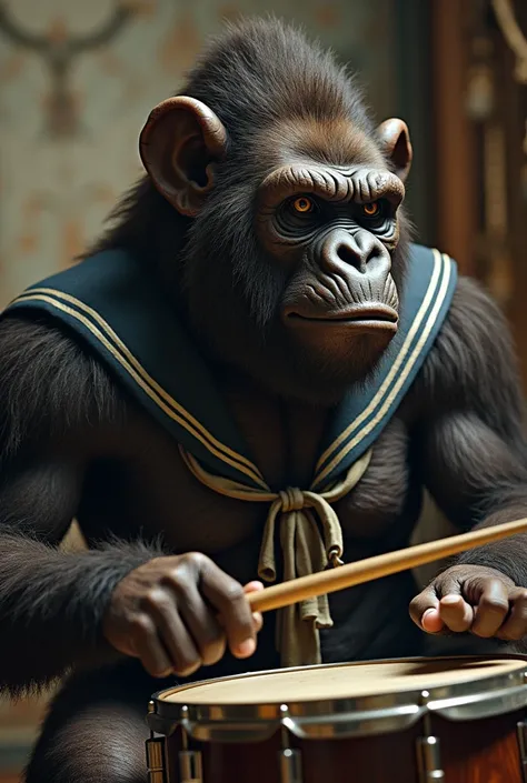  anthropomorphic hairy gorilla  , masculine ,  With a head similar to that of a human, masculine,   with the skin of an African animal , with a cropped ear ,  and a scratched side of the face , sailor shirt, playing drums