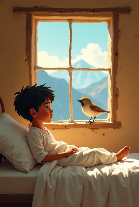 a boy with Indian features in a white shirt and long white pants ,  sick in his bed talking to a small bird in the window in an adobe room in the mountains