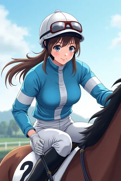  real illustration , angle from butt ,whole body, enjoy horse racing ,Lean forward and run on a race horse,21-year-old Japanese female jockey,japanese,Korean style beauty,Transparency, white skin,Gray Eyes,cute,Idol,Idol, Portraits,Model, long hair,bangs,g...