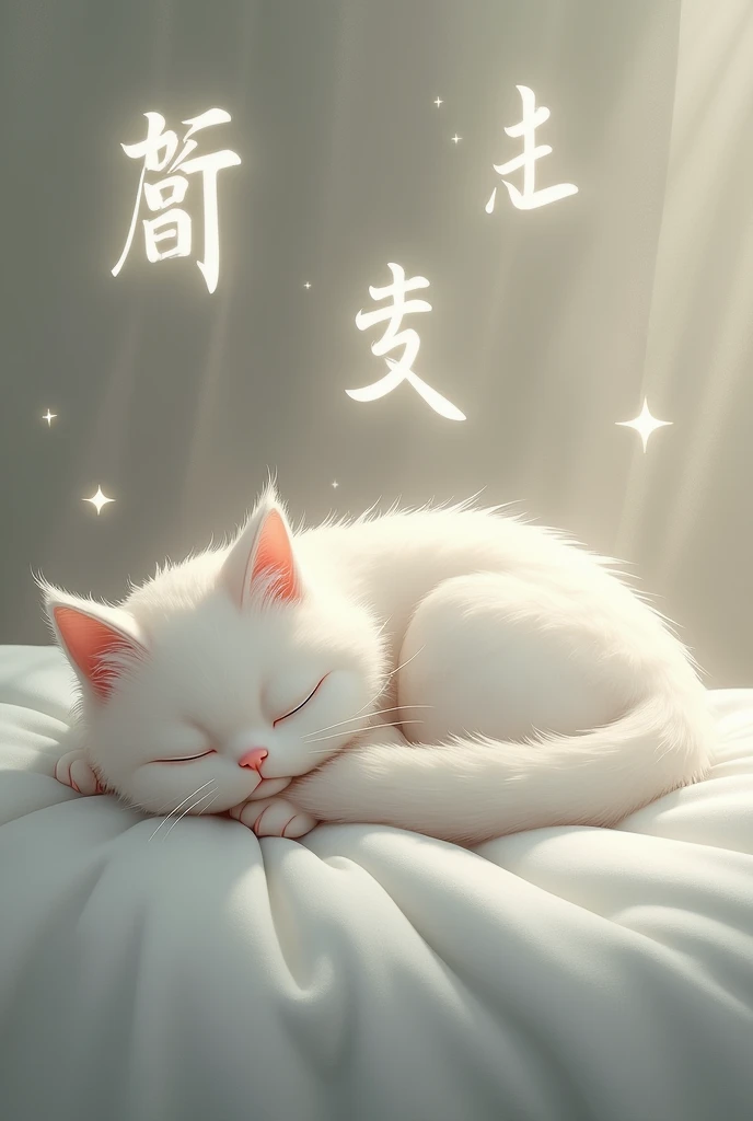  white cat taking a nap 。Kaa letters on the background 。 hiruandon on the bed taking a nap