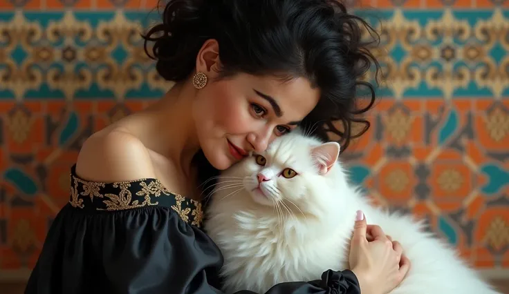 A woman with Black curly hair tied up, Hugging her beautiful fluffy white Persian cat，and put your head on it.
 Moroccan tiles background , high detail, Volumetric light, 【8k, dull colors, Soft colors, bright and vivid, black satin, embroidered with gold t...