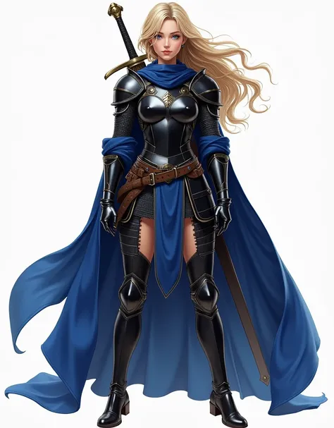 Make a full-length illustration of a young Woman 20 years old, white, blue eyes, blonde and wavy hair. Full-length illustration, wearing black armor, royal blue cape. Tanned skin, Carrying a knights sword strapped to his back c
