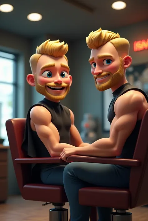 Create a highly realistic 3D cartoon character representing the ISN Nutrition mascot. The character is a muscular and fit man, with fair skin, short military-style blond hair, shaved on the side and very short on top, and blue eyes. He also has a blond bea...