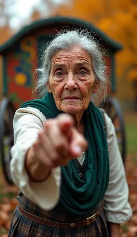 Create a hyper-realistic image of an elderly gypsy woman, approximately 75 years old, from a slightly close perspective showing her upper body. She is pointing directly at the camera with a serious and intense expression, as if delivering an important mess...