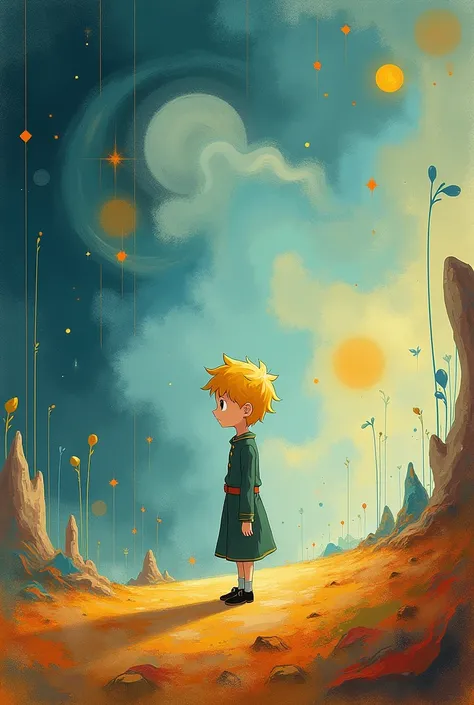 Create an abstract-style image with the little prince in the middle
