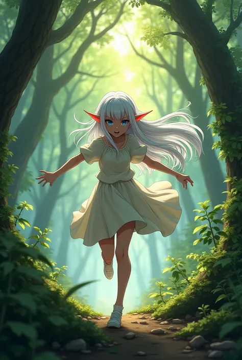  one girl, long hair, white hair,  long sharp ears , Tears,  heavy breathing , Girl running in the woods, anime, 18 year old girl ,  white skin 
anime, anime style, 