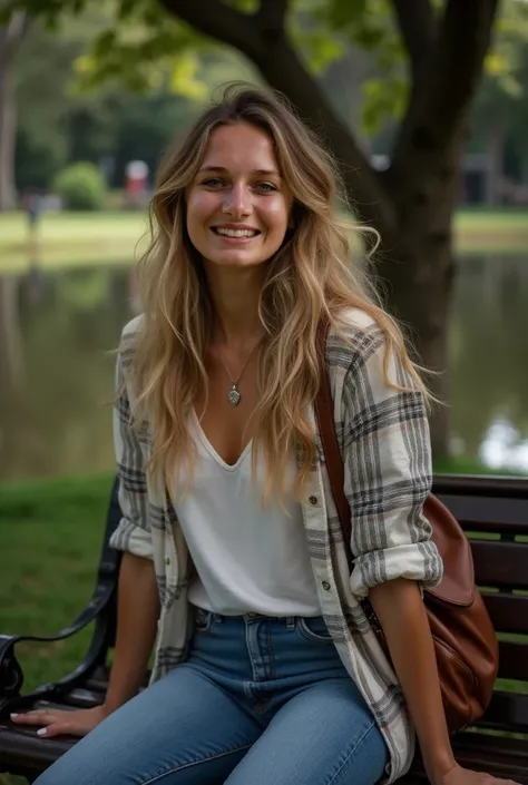 a realistic depiction of a gorgeous European and smiling woman, aged 23. she is confident and happy. Long wavy blond hair, messy wind blown hair, Full body, she is sitting on a park bench in Nossa Senhora da Paz park in Ipanema ri ode janeiro next to a pon...