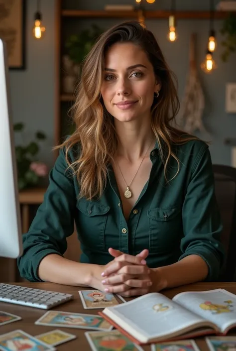 a woman in her 30s, who is also an astrologer. She is sitting at a desk with a computer, surrounded by Tarot cards and horoscopes. In the background, you can see her active blog channel with many subscribers.