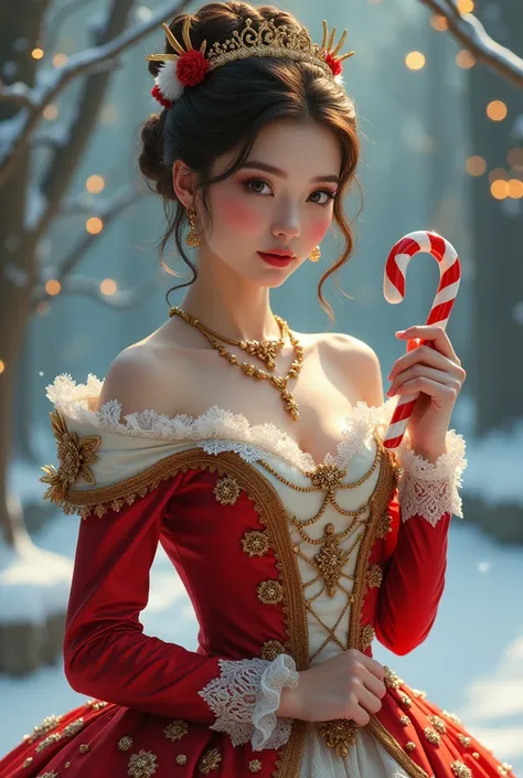 A beautiful lady holding a candy cane wearing a nutcracker chirstmas costume