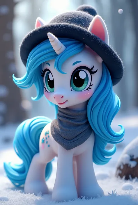 Un pony de mlp du nom de snowstar qui a une crinière bleue et une marque de beauté formé dune lune et détoiles avec un bonnet noir sur la tête et une écharpe gris au cou 