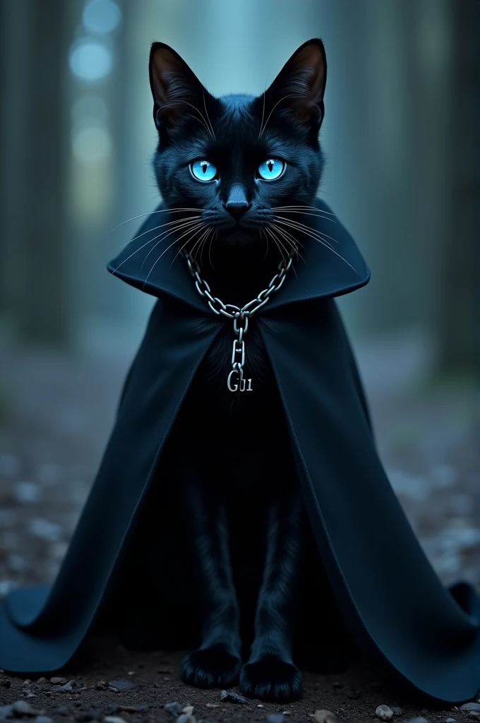 A black cat with a black cape with blue eyes and a chain around its neck written GUII