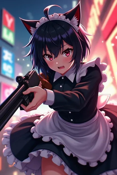 Black haired anime maid with cat ears is speeding a shotgun on camera