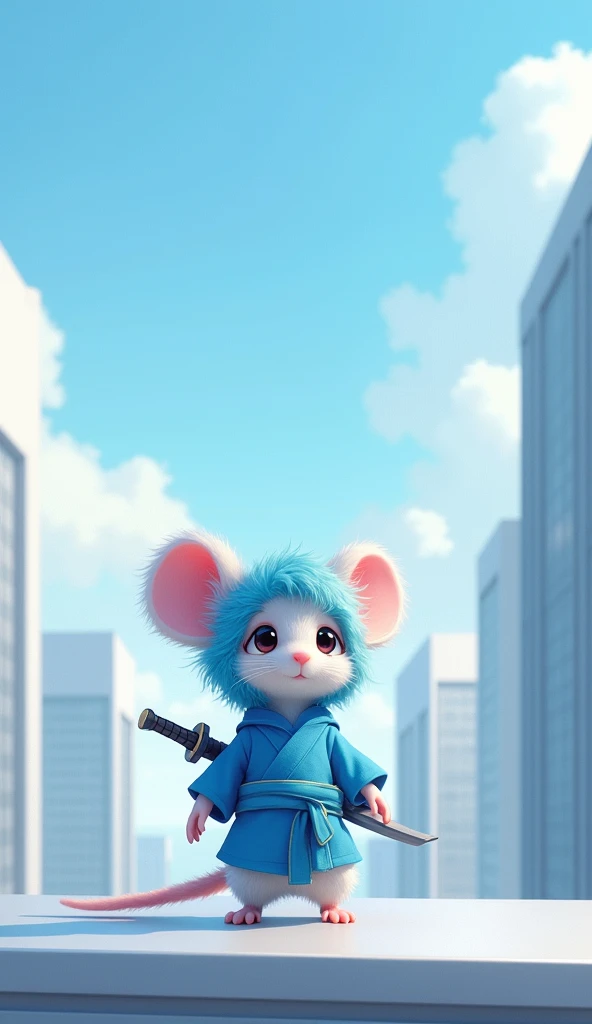  imaginary　clear　Office District　rooftop　Light blue ninja clothes 　 cute fluffy mouse with light blue hair　Sword on the back
