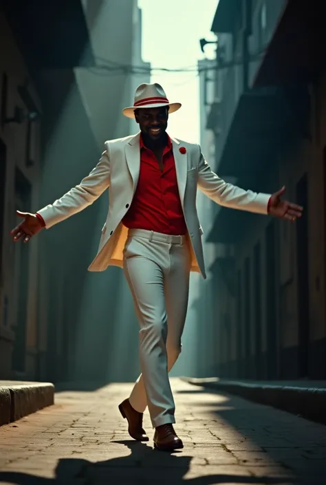   a dark-skinned black man wearing a white fedora hat with a red stripe, a white suit and a red shirt  . Hes sambando and seems happy .  The background is a dark ,  narrow street of the favela on both sides  . The lighting is dramatic,   with bright light ...