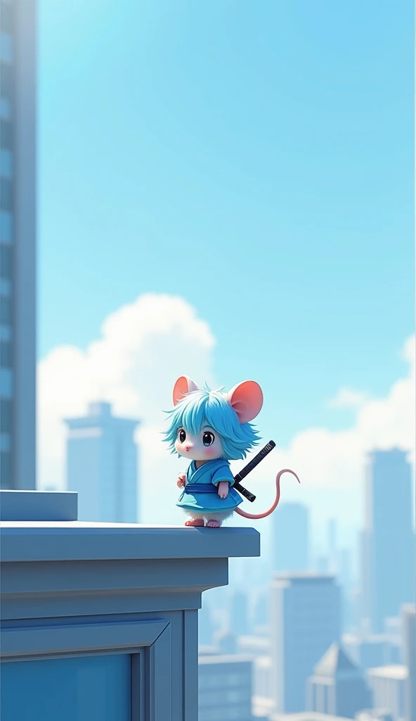  imaginary　clear　Office District　rooftop　Light blue ninja clothes 　 cute fluffy mouse with light blue hair　Sword on the back
