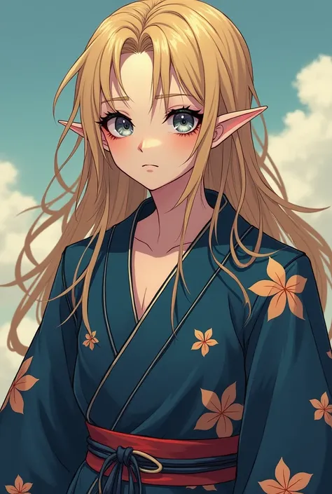 (Full-body) a handsome man, But funny , With long blond hair ,  wears a flowery dark blue womens kimono.  has pointed ears , gray and cold eyes ,  a cruel expression and joy, round face.  anime style ,  with eye shadow on his feet.