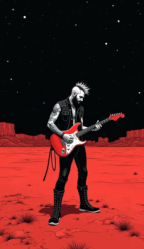 The image shows a red and black ink illustration of a handsome punk man, beard, punk haircut, punk high boots, lots of tattoos, dressed in black, playing electric guitar in a star-filled desert night. Conceptual image reflecting loneliness.
