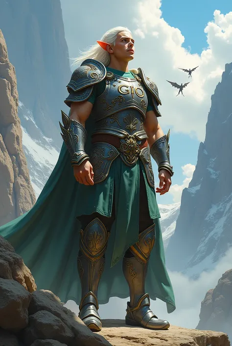 Elf man dressed as a warrior. Their slogan that bears the word “Gio” . Swords and dragons male looking up at the sky with his chest raised with pride 