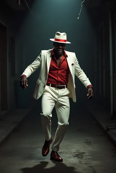    a dark-skinned black man wearing a white fedora hat with a red stripe, a white suit and a red shirt   . Hes sambando and seems happy  .   The background is a dark  ,   narrow street of the favela on both sides   . The lighting is dramatic,    with brigh...