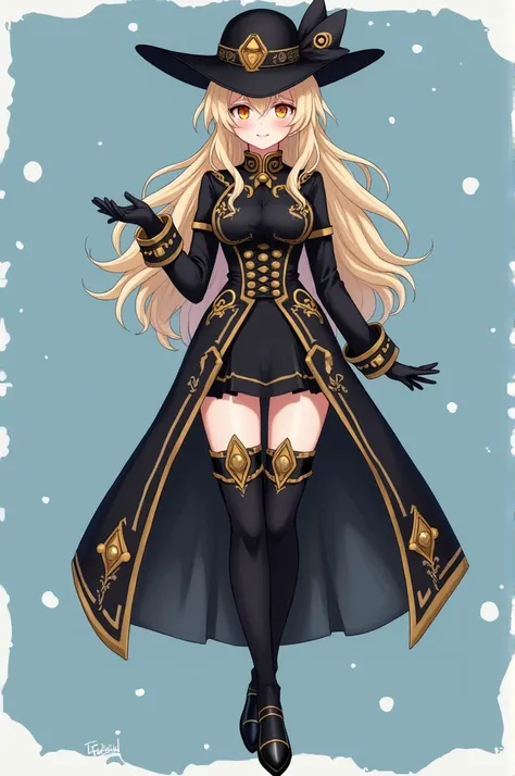 Digital illustration of a young woman with anime style dressed in a steampunk-inspired outfit. she is standing in front of a blue background with small white dots scattered across it. the outfit is black and gold in color with intricate details and pattern...