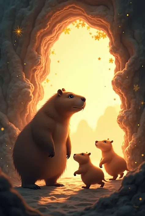 Create a portal image with Papa Capybara and his ren behind