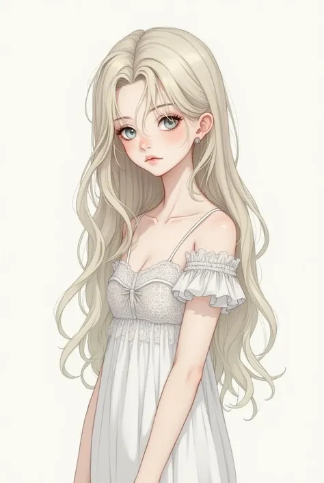 ( Masterpiece,  best quality ,  High resolution: 1.4) Drawing,  Detailed ,  intricate details, 4k, touch of color, Line art, high detail. Detail.  Young adult very light blonde wavy hair,  long hair ,  very thin body , grayish blue eyes, fine features, smo...