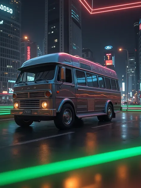 I want the same car that appears in my photo ,  but in the middle of a city with a lot of lights.  I dont want another car I want the ford supervan  