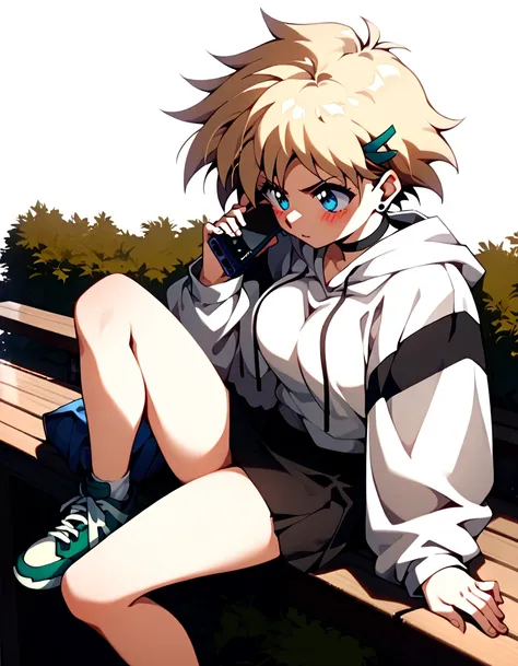 1girl, solo, masterpiece, best quality, (anime art style:1.0), blushing, messy blonde hair, sitting on a bench, round breasts, white hoodie, black choker, stud earrings, pouting, blue eyes, short black skirt, green sneakers, suburban background/landscape, ...