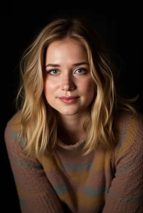  A close-up portrait photo of a woman with medium-length hair looking directly at the camera with a neutral expression.  She wears a multicolored knitted sweater on a dark background .  giant boobs, cum on her face, Happy Reflector Lighting. ,