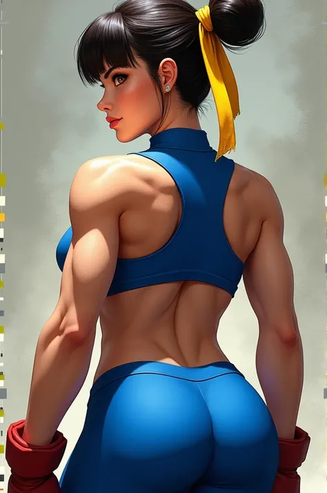 Chun-Li,  brown eyes, double bun, yellow ribbon, blue suit, Crop top, sleeveless, wide ass,  From behind ,