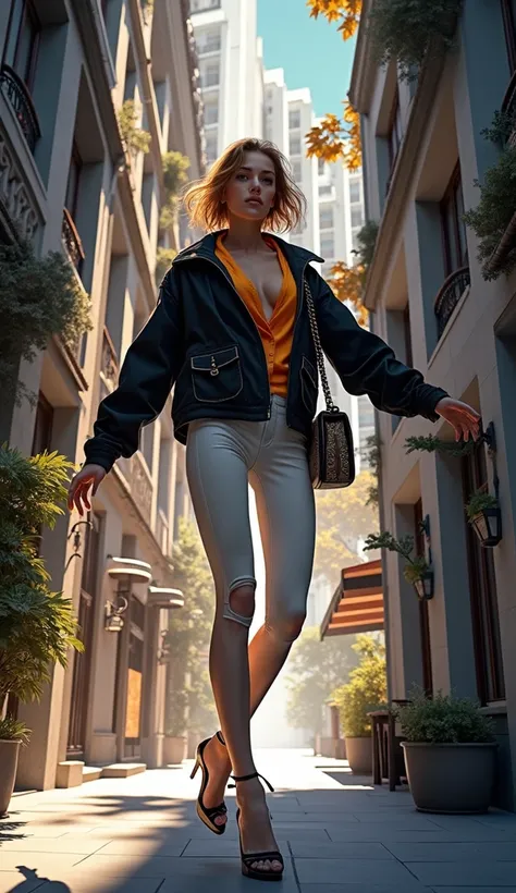  quality:
Full street view, realistic photoshoot, full body photo of a women (8k, HD, best quality, masterpiece), ( ultra-hyperrealistic : 1.3).
atmosphere:
futuristic,  lively cityscape with warm colors ,  Elegance and modern harmony . domination of a man...