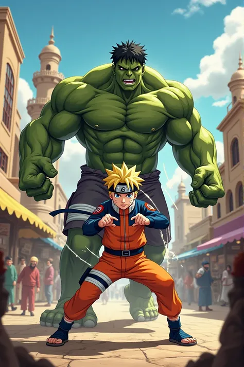  Create an image of Naruto on one side and the Hulk on the other side,theyre in a bustling Arabian city  