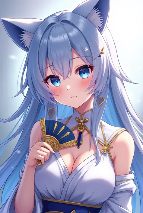  Neko anime girl with long loose blue hair WITHOUT STRANDS TIED with the ends in lilac,  predominant lighting color in blue and gold earrings holding a fan, a character portrait inspired by Hisui Sugiura , pixiv, shin hanga, Ayaka Genshin impact, keqing do...