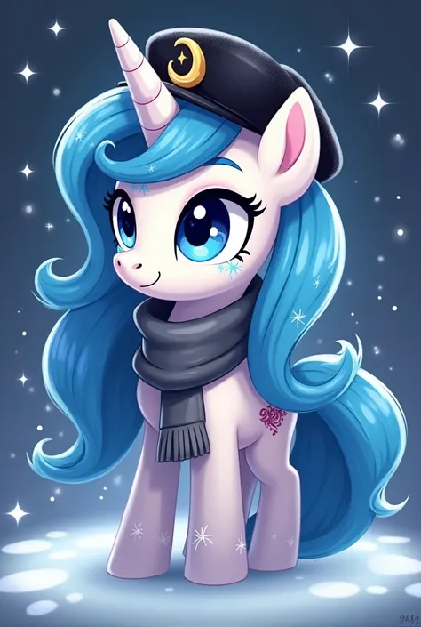 An MLP pony called a snowstar who has a blue mane and a beauty mark formed by a moon and stars with a black cap on his head and a gray scarf around his neck that has azure eyes and a unicorn horn are fur and a mixture of black and white. 