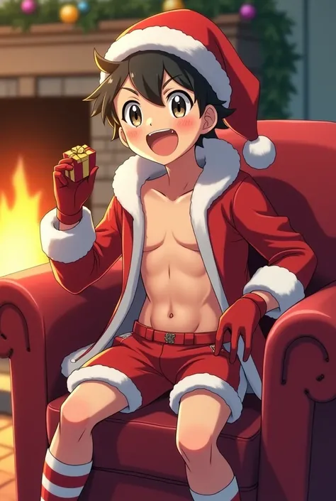 I want a boy wearing an open Santa Claus coat showing his chest he is not wearing a shirt and he also wears very short shorts Santa Claus he wears long socks that are red with red stripes he also wears a Christmas hat he also wears red Christmas gloves he ...