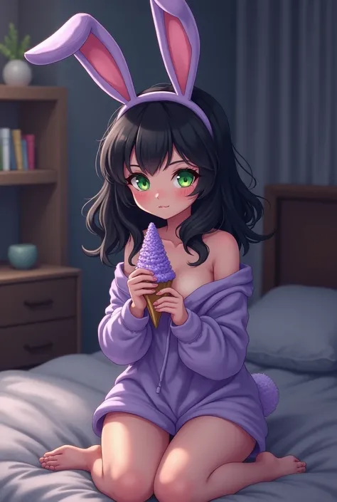 1 chico,  cute wavy black hair , with her green eyes soft features,  purple rabbit ears ,  Playboy bunny costume lavender , conejo cone,  kneeling on a bed with legs spread , Shelves in the background ,  dark ambient lighting 