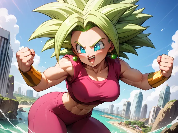 (Black line work )),  detailed line work ,  slender abs, (( Masterpiece)), ((Golden ratio)), ((dynamic)), ((natural)) ((la mejor calidad)), (( ultra detailed )), (( kefla dragon ball super )), {1 woman}, { neon green hair }, { super saiyan style}, { style ...