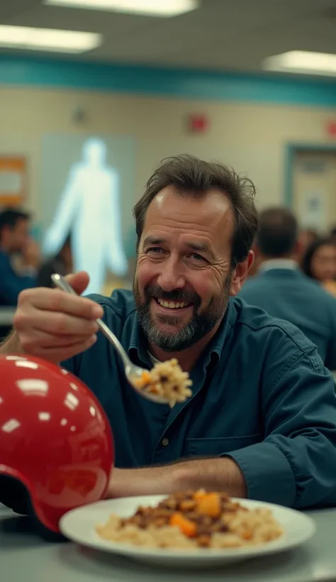  A man.  He wears a red helmet , holding the helmet in his hand,  sitting in a cafeteria eating a plate of rice and beans smiling with several people next to him.  He wears dark blue jumpsuits and has beards . It looks like a tired . Raising a spoon up to ...