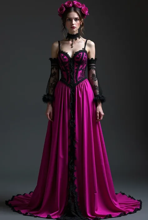 Gothic style long graduation dress color fuchsia with black 