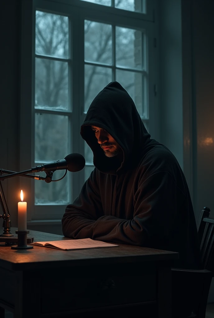 un homme met un capuche noir et son visage cache parle sur un micro sur un bureau a droite une fenetre ferme et la chambre a un ambiance sombre le seul eclairage c est une bouge 