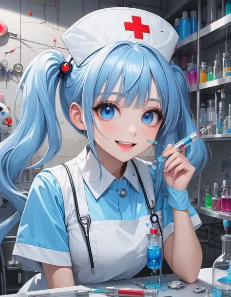  super high resolution, masterpiece,  anatomically correct,  super detailed,   high detail ,  top quality, 8k,Perfect beauty, one girl,  oily skin ,、 Light Blue Long Hair 、 Beautiful Girl with Twin Tails 、 nurse uniform , nurse uniform ,Nurse cap, Crazy Ey...