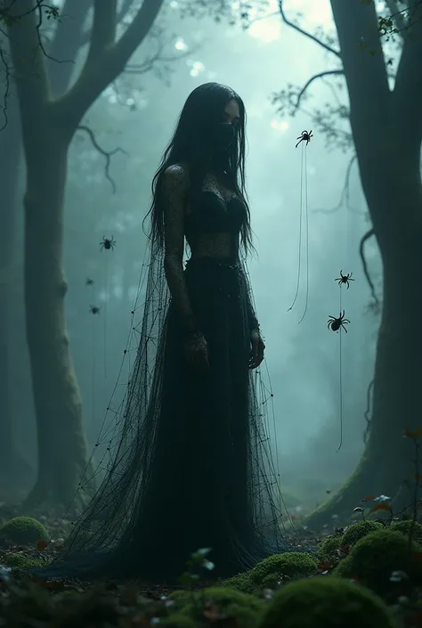 “Create a surreal and haunting scene set in an ancient, mist-filled forest with towering trees. At the center, depict a mysterious woman with long, flowing black hair that cascades down her back. Her attire is an intricate gown made entirely of delicate sp...