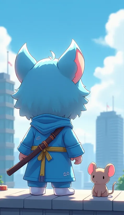  imaginary　clear　Office District　rooftop　Light blue ninja clothes 　 cute　Fluffy　Light blue hair　Mouse　Sword on the back
