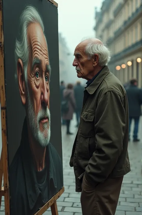 An old man in front of a square where his own image is drawn and the painting is going through a knife 