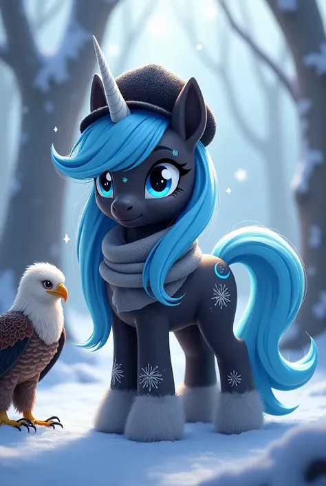 An MLP pony called a snowstar who has a blue mane and a beauty mark formed by a moon and stars with a black cap on his head and a gray scarf around his neck that has azure eyes and a unicorn horn are fur and a unicorn horn are fur and a mixture of black an...